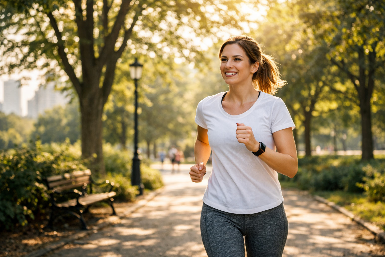 Žena při lehkém joggingu v parku, ranní světlo, aktivní životní styl